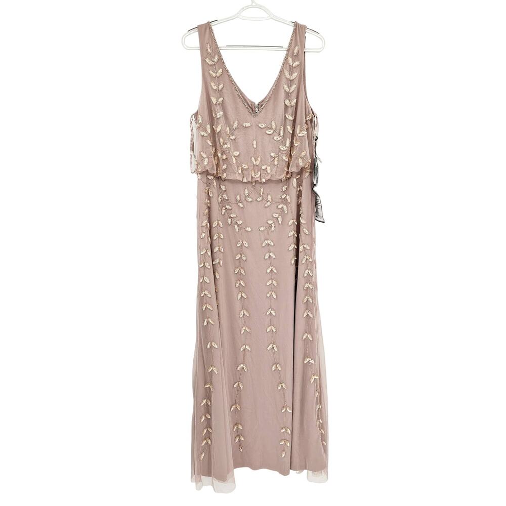 Adrianna Papell Beaded Mesh Blouson Gown Steel Rose‎ Leaf Size 12 NWT - Picture 2 of 8